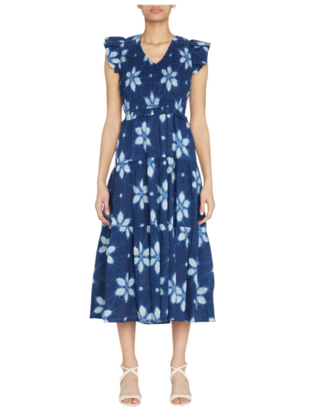 Sea NY Isla Smocked Midi Dress Womens 4 Navy Blue V-Neck Flutter Sleeve Cotton
